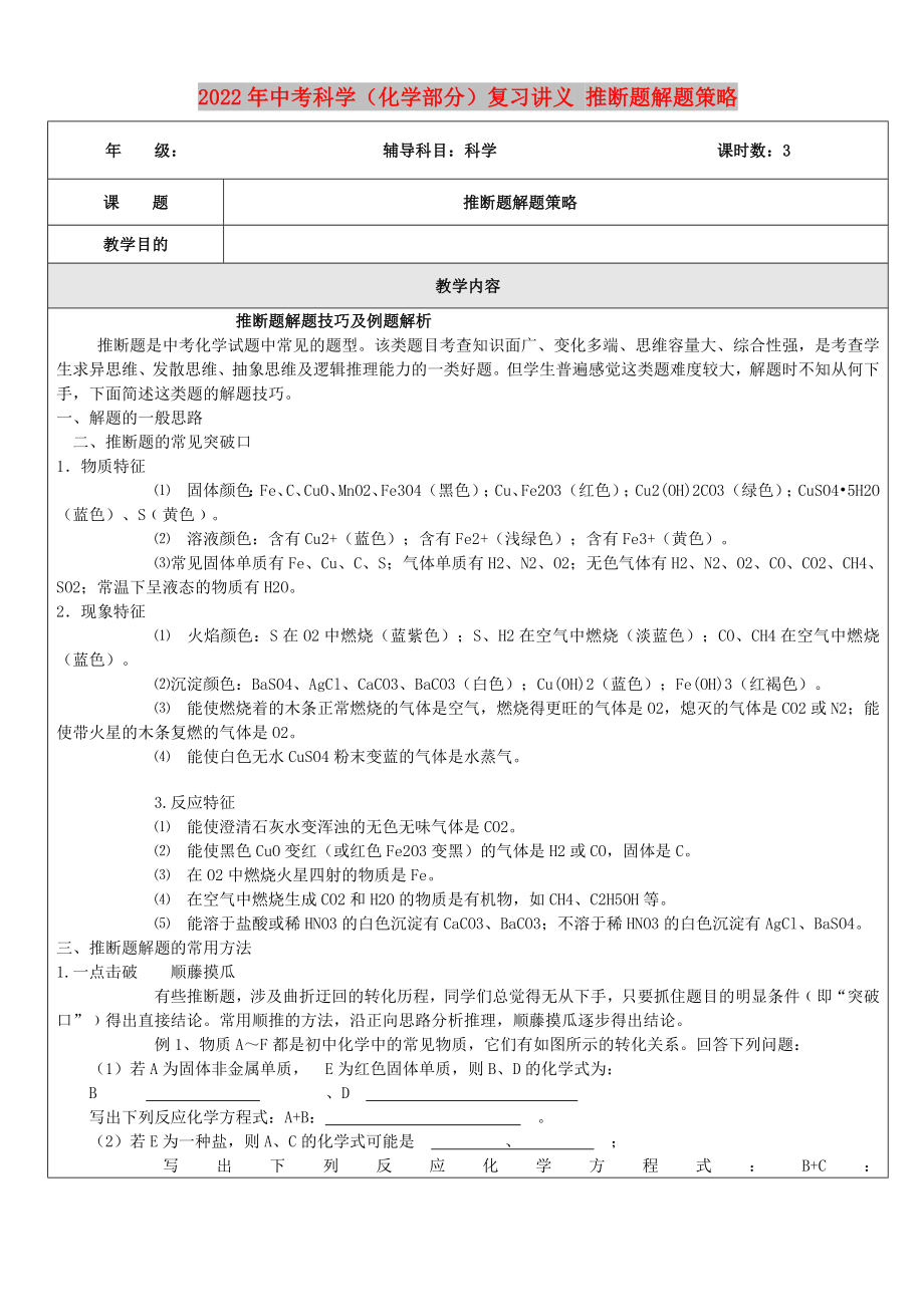 2022年中考科學（化學部分）復習講義 推斷題解題策略_第1頁