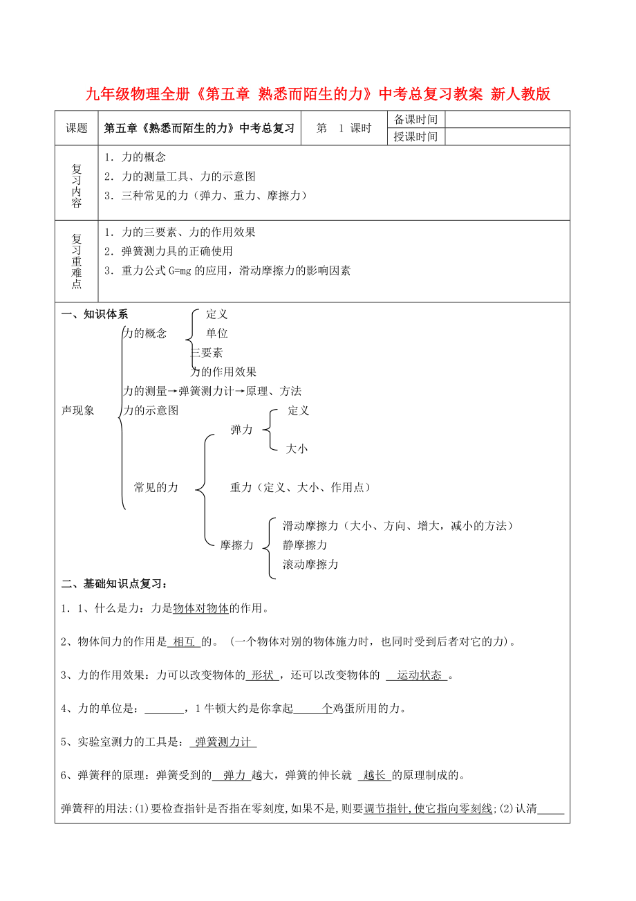 九年級物理全冊《第五章 熟悉而陌生的力》中考總復(fù)習(xí)教案 新人教版_第1頁