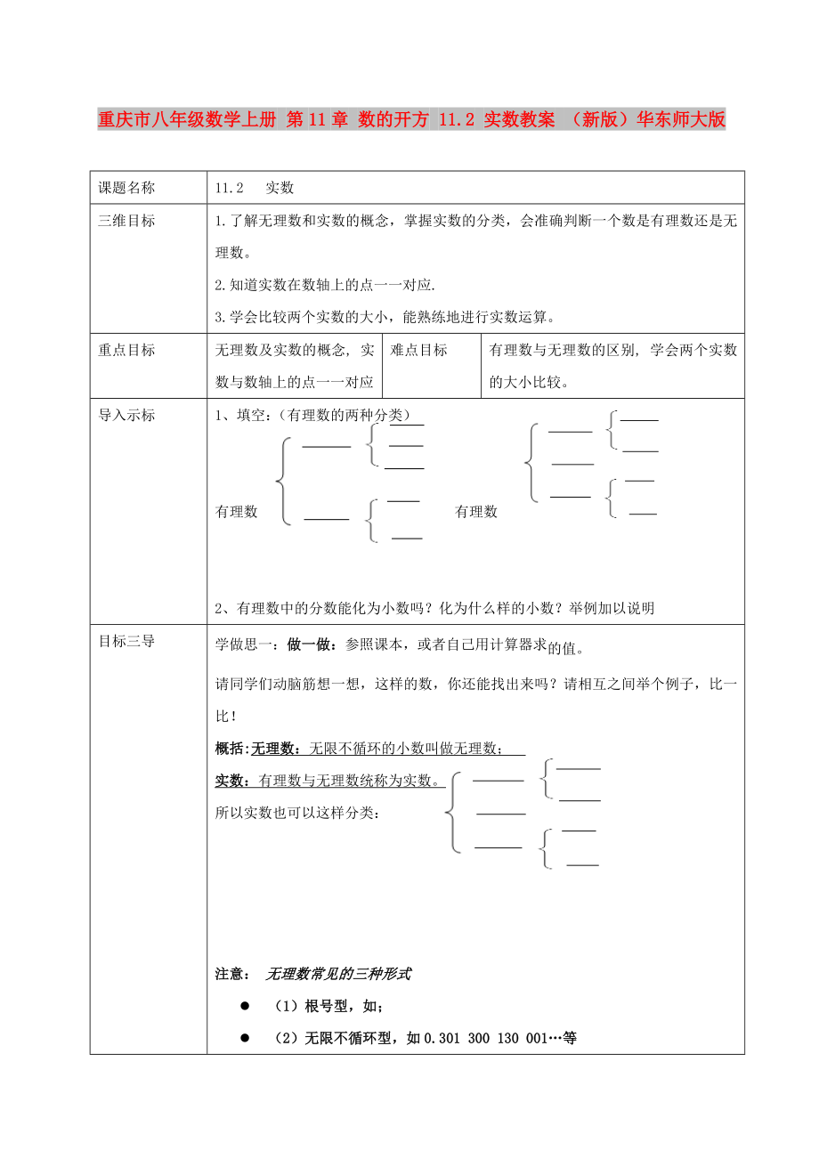 重庆市八年级数学上册 第11章 数的开方 11.2 实数教案 （新版）华东师大版_第1页