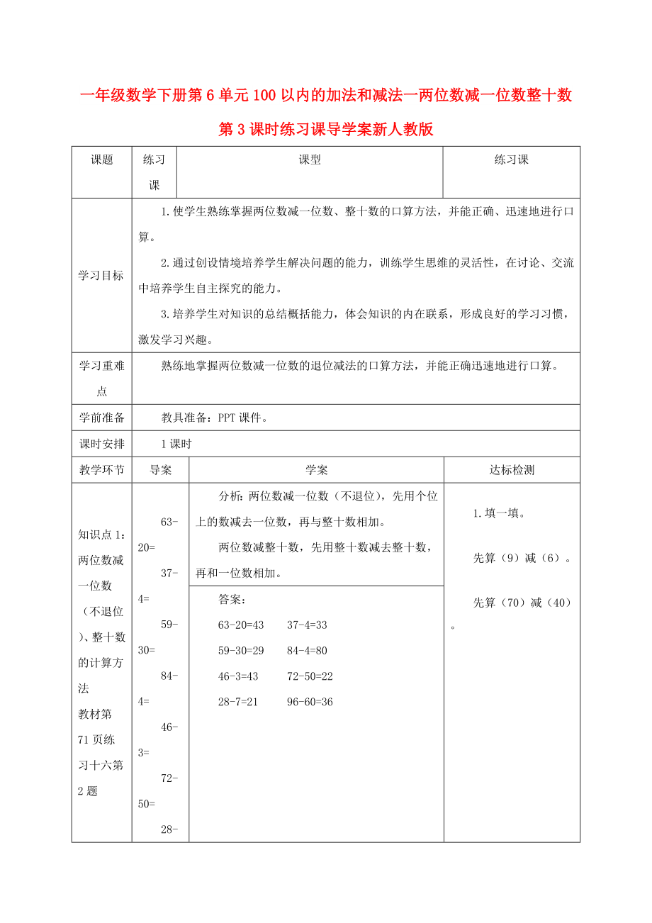 一年級數(shù)學(xué)下冊第6單元100以內(nèi)的加法和減法一兩位數(shù)減一位數(shù)整十?dāng)?shù)第3課時練習(xí)課導(dǎo)學(xué)案新人教版_第1頁