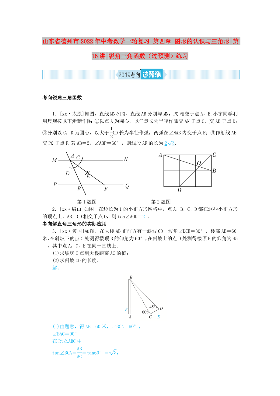 山東省德州市2022年中考數(shù)學(xué)一輪復(fù)習(xí) 第四章 圖形的認(rèn)識(shí)與三角形 第16講 銳角三角函數(shù)（過預(yù)測(cè)）練習(xí)_第1頁