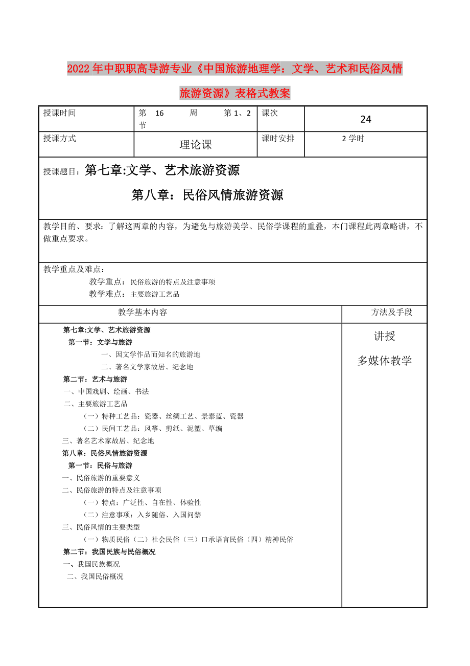 2022年中職職高導(dǎo)游專業(yè)《中國(guó)旅游地理學(xué)：文學(xué)、藝術(shù)和民俗風(fēng)情旅游資源》表格式教案_第1頁(yè)