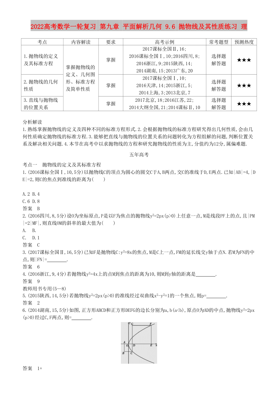 2022高考數(shù)學(xué)一輪復(fù)習(xí) 第九章 平面解析幾何 9.6 拋物線及其性質(zhì)練習(xí) 理_第1頁(yè)