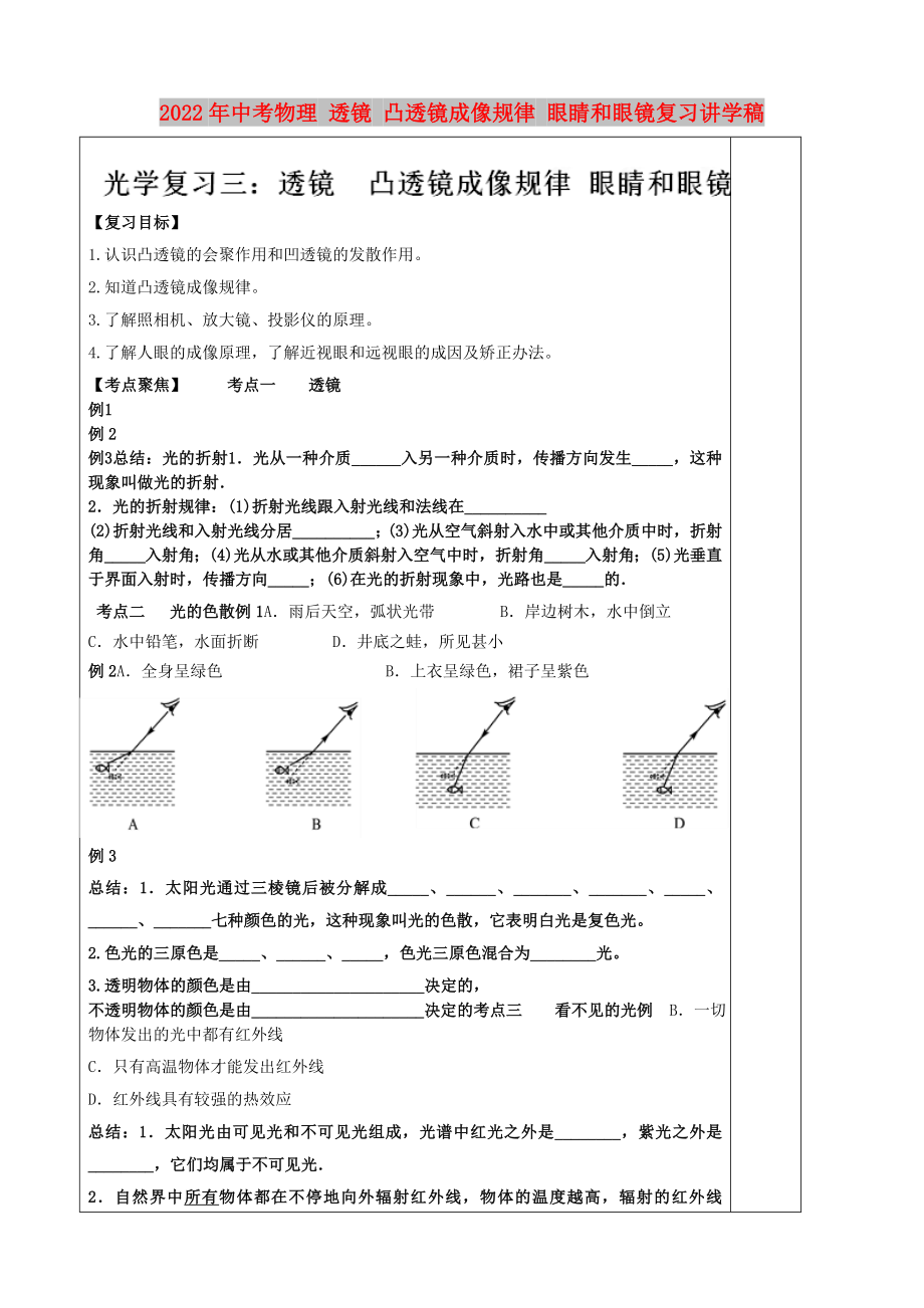 2022年中考物理 透鏡 凸透鏡成像規(guī)律 眼睛和眼鏡復(fù)習(xí)講學(xué)稿_第1頁