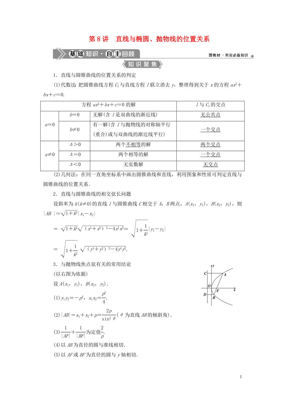 （浙江專(zhuān)用）2021版新高考數(shù)學(xué)一輪復(fù)習(xí) 第九章 平面解析幾何 8 第8講 直線與橢圓、拋物線的位置關(guān)系教學(xué)案_第1頁(yè)