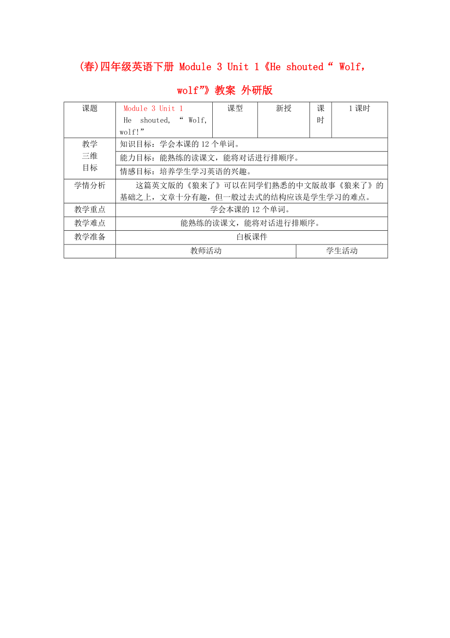 (春)四年级英语下册 Module 3 Unit 1《He shouted“ Wolfwolf”》教案 外研版_第1页