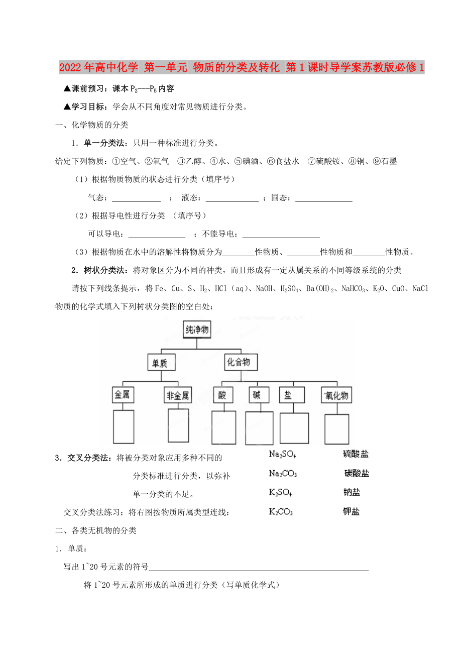 2022年高中化學(xué) 第一單元 物質(zhì)的分類及轉(zhuǎn)化 第1課時導(dǎo)學(xué)案蘇教版必修1_第1頁