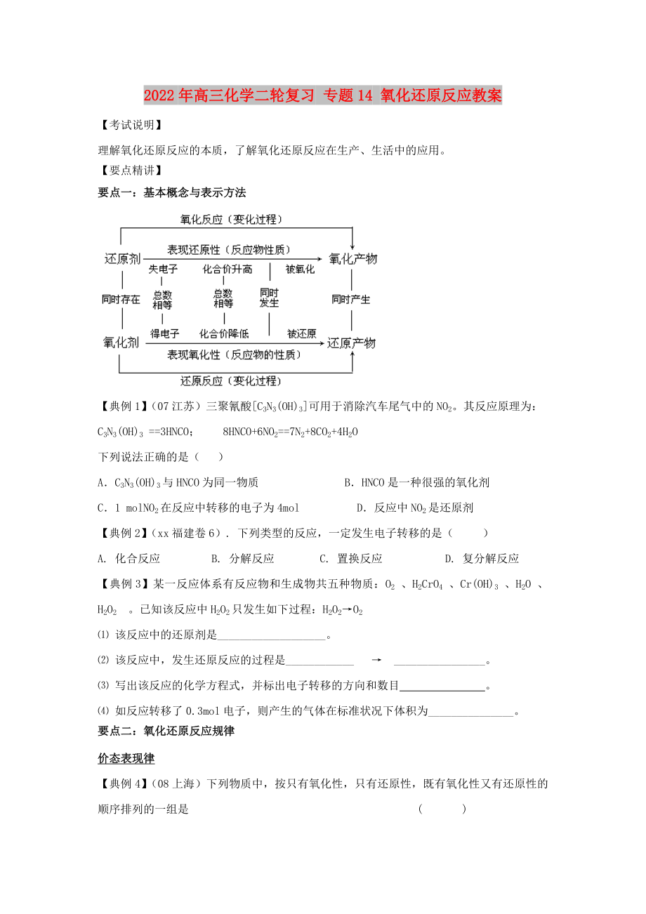 2022年高三化學(xué)二輪復(fù)習(xí) 專題14 氧化還原反應(yīng)教案_第1頁