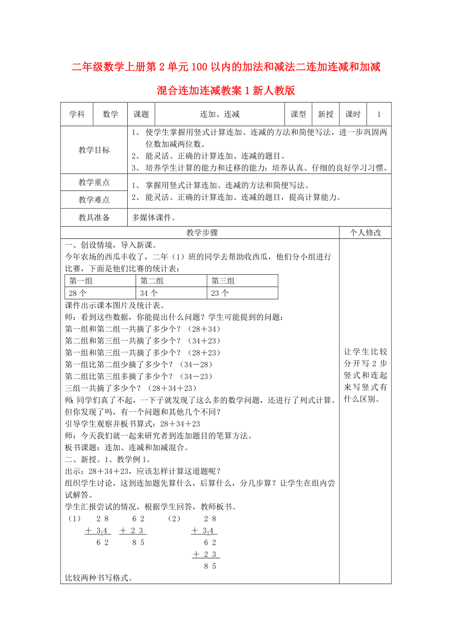 二年級數(shù)學(xué)上冊第2單元100以內(nèi)的加法和減法二連加連減和加減混合連加連減教案1新人教版_第1頁