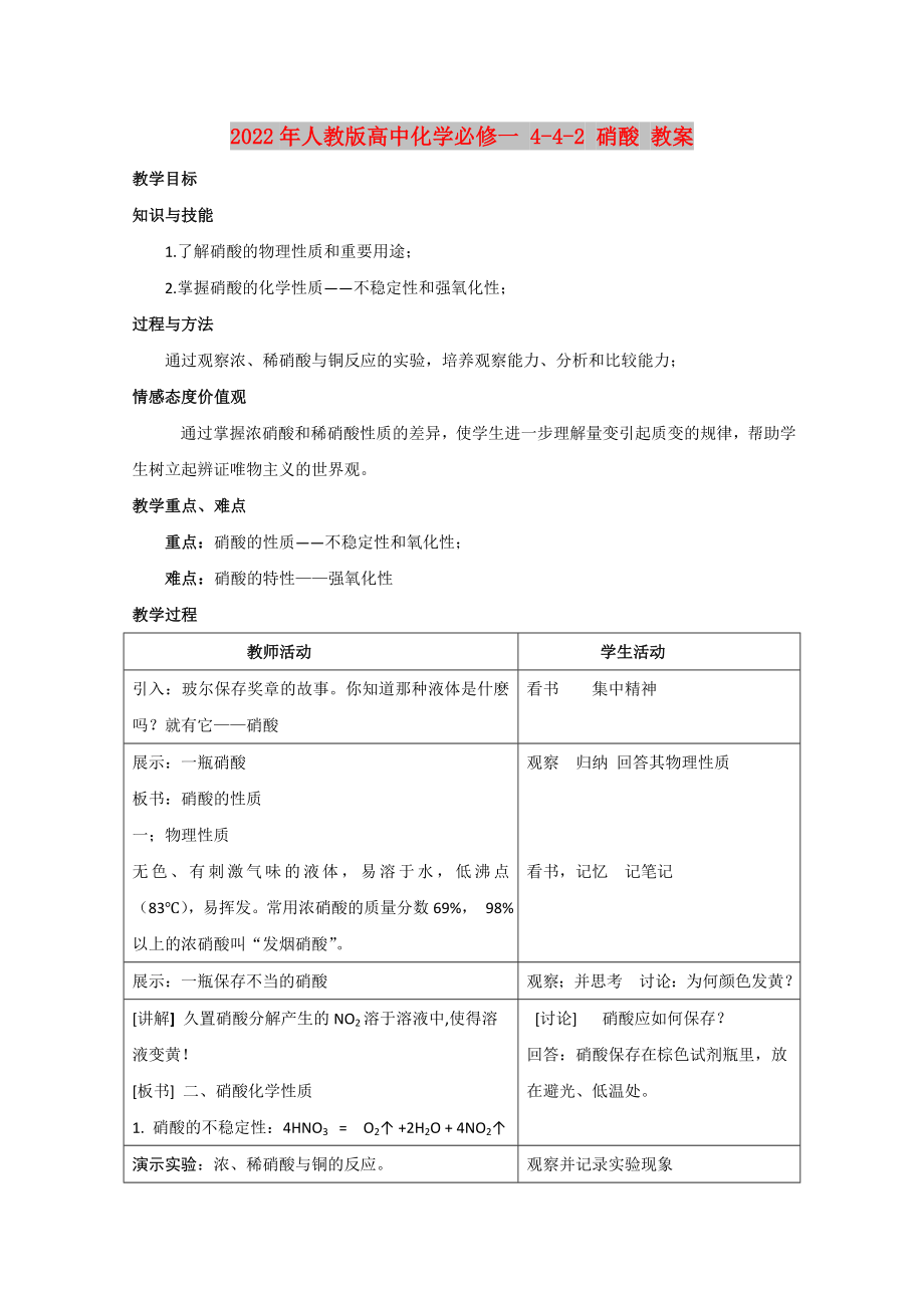 2022年人教版高中化學(xué)必修一 4-4-2 硝酸 教案_第1頁