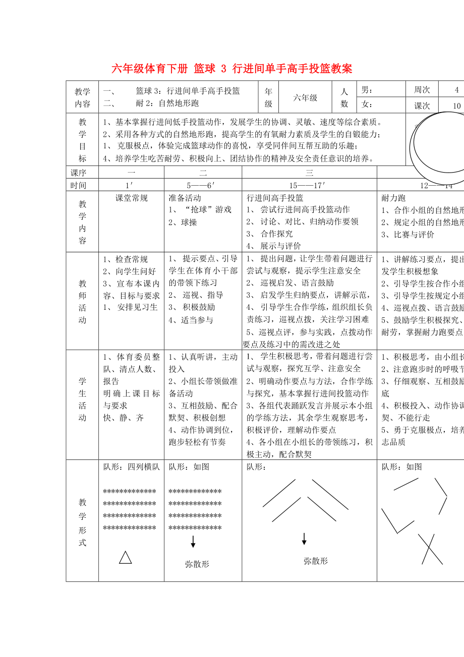 六年級體育下冊 籃球 3 行進(jìn)間單手高手投籃教案_第1頁