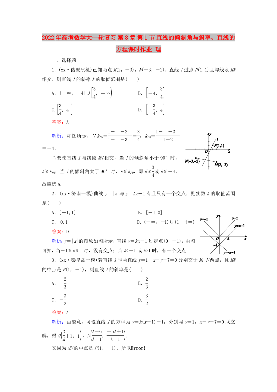 2022年高考數學大一輪復習 第8章 第1節(jié) 直線的傾斜角與斜率、直線的方程課時作業(yè) 理_第1頁