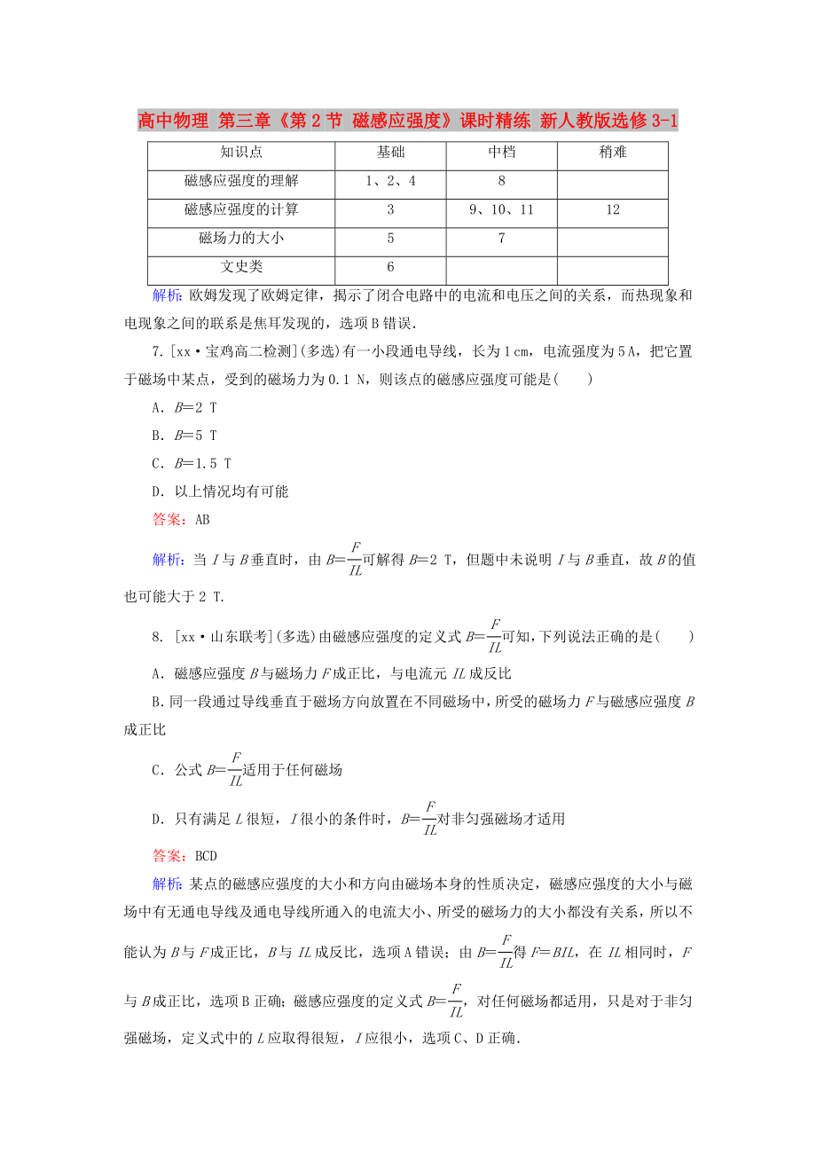 高中物理 第三章《第2節(jié) 磁感應強度》課時精練 新人教版選修3-1_第1頁