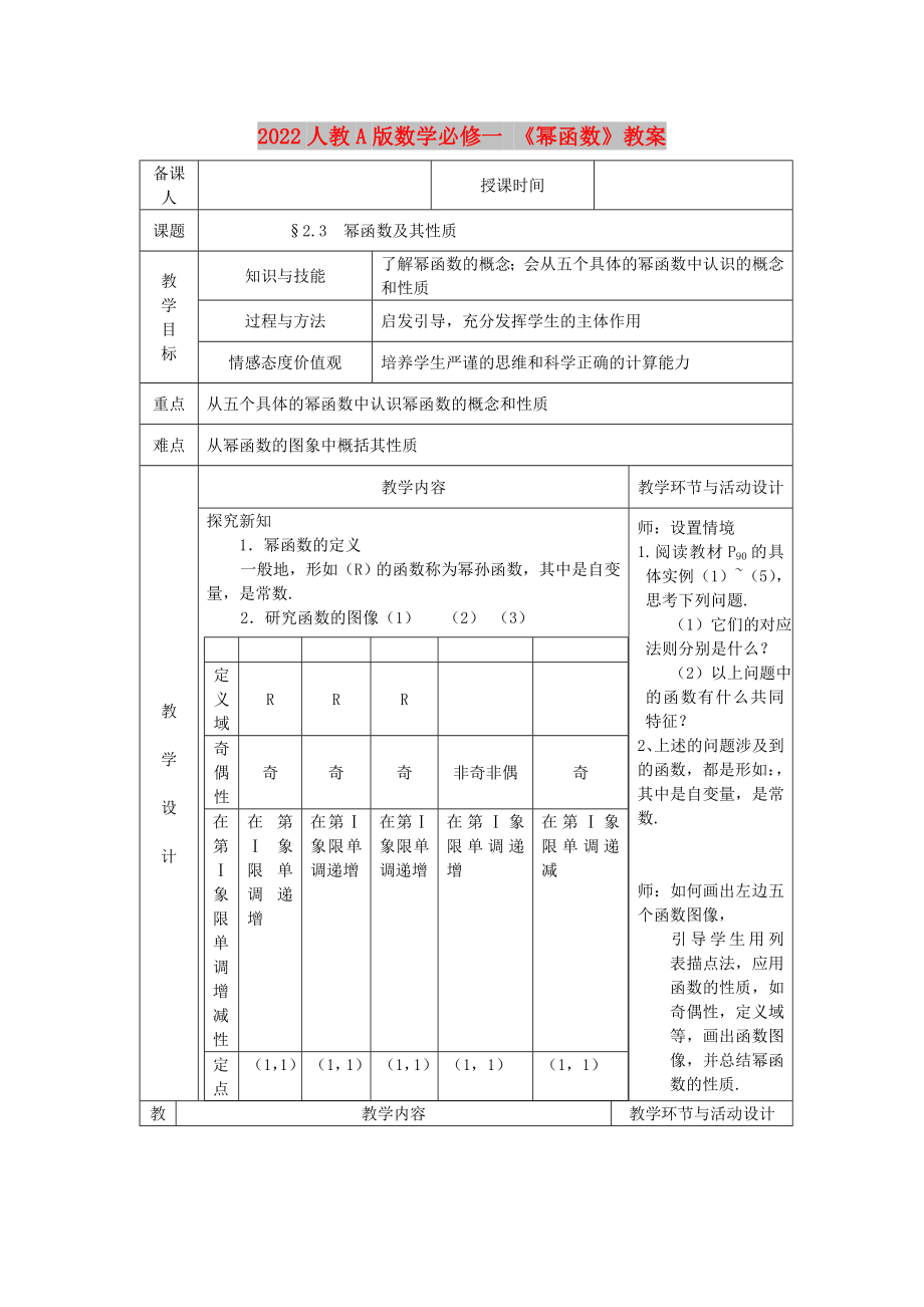 2022人教A版數(shù)學(xué)必修一 《冪函數(shù)》教案_第1頁(yè)