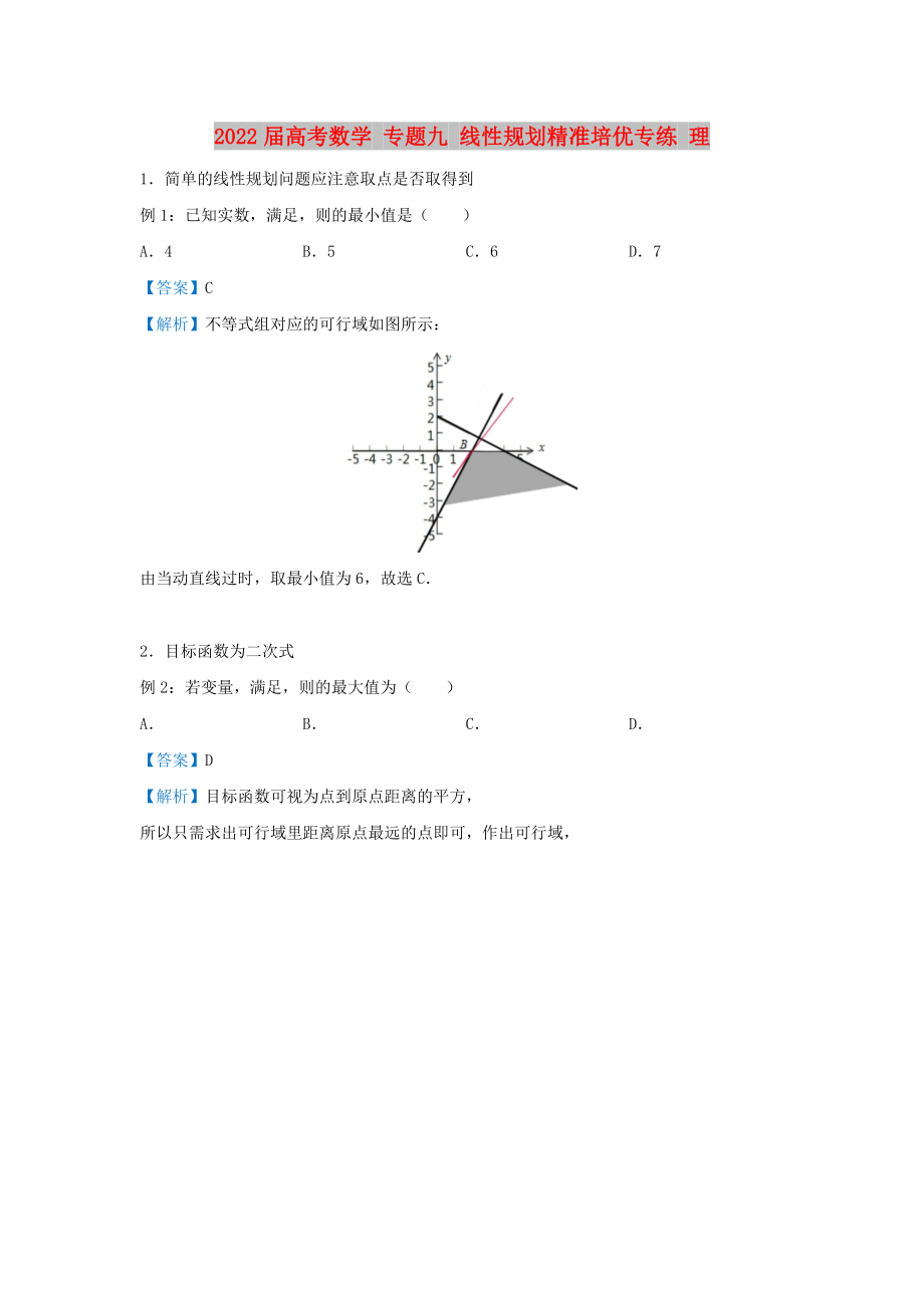 2022屆高考數(shù)學(xué) 專題九 線性規(guī)劃精準(zhǔn)培優(yōu)專練 理_第1頁