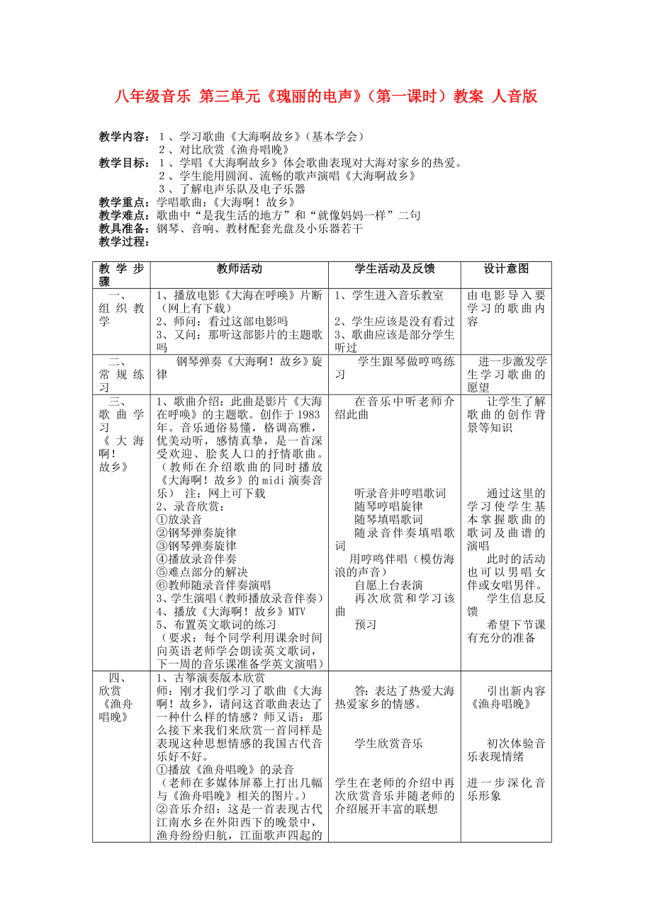 八年級音樂 第三單元《瑰麗的電聲》（第一課時）教案 人音版_第1頁