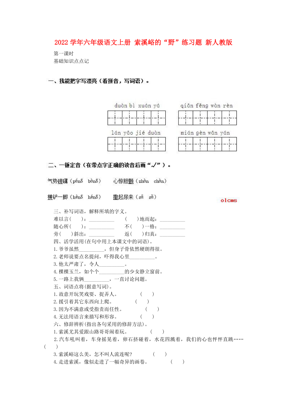 2022學(xué)年六年級語文上冊 索溪峪的“野”練習(xí)題 新人教版_第1頁