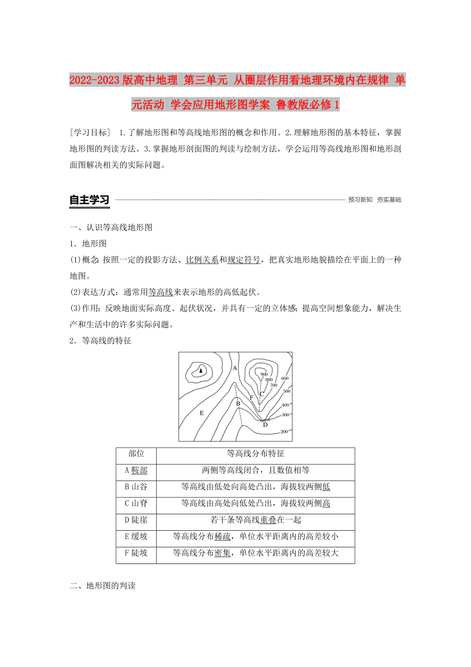 2022-2023版高中地理 第三單元 從圈層作用看地理環(huán)境內(nèi)在規(guī)律 單元活動 學(xué)會應(yīng)用地形圖學(xué)案 魯教版必修1_第1頁