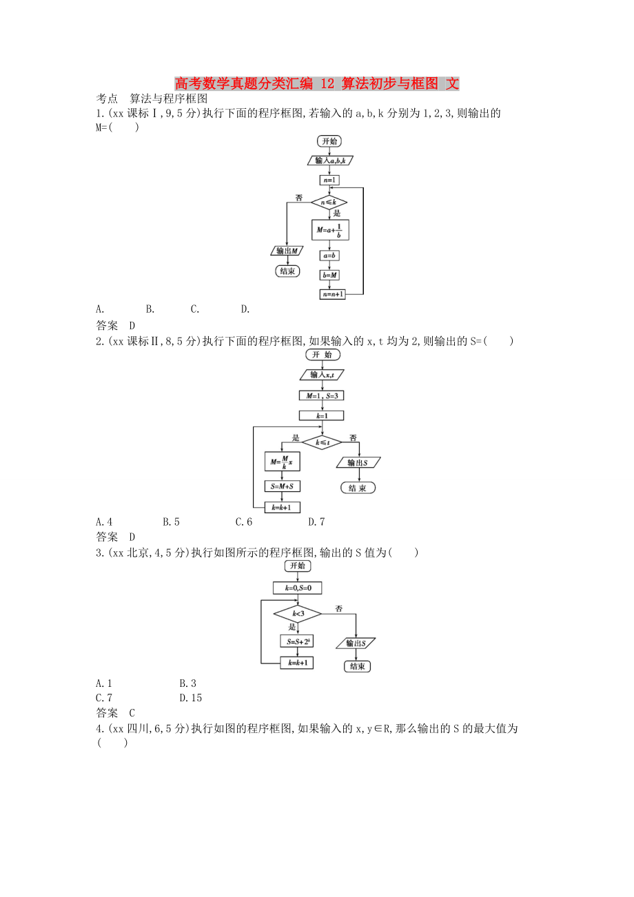 高考數(shù)學(xué)真題分類匯編 12 算法初步與框圖 文_第1頁