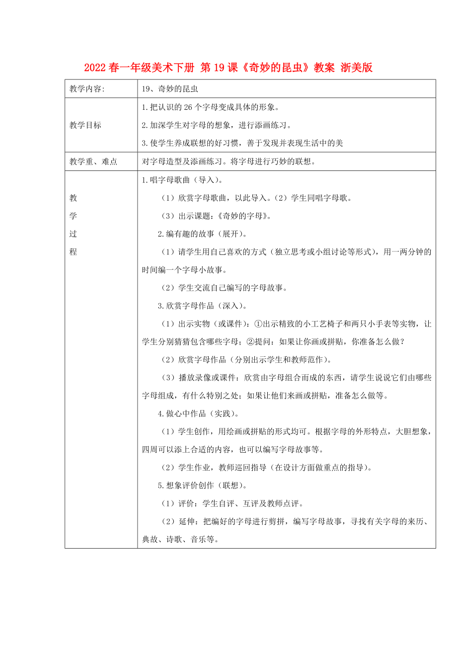 2022春一年級(jí)美術(shù)下冊(cè) 第19課《奇妙的昆蟲(chóng)》教案 浙美版_第1頁(yè)