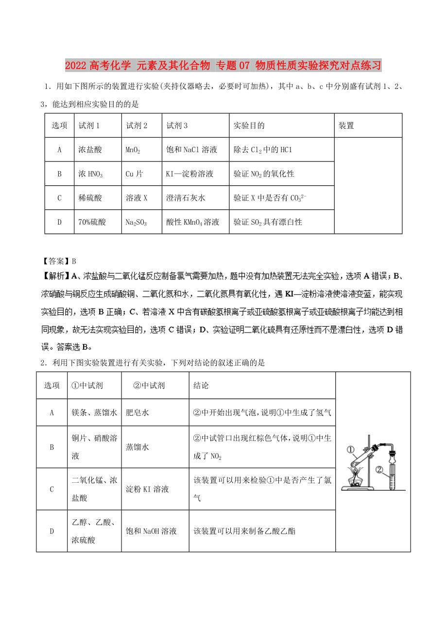 2022高考化學(xué) 元素及其化合物 專題07 物質(zhì)性質(zhì)實驗探究對點練習(xí)_第1頁