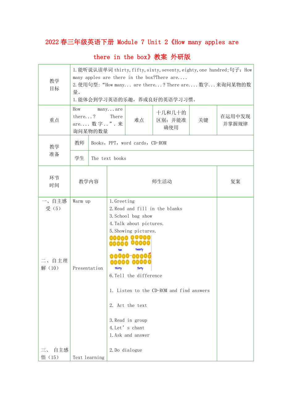 2022春三年級英語下冊 Module 7 Unit 2《How many apples are there in the box》教案 外研版_第1頁