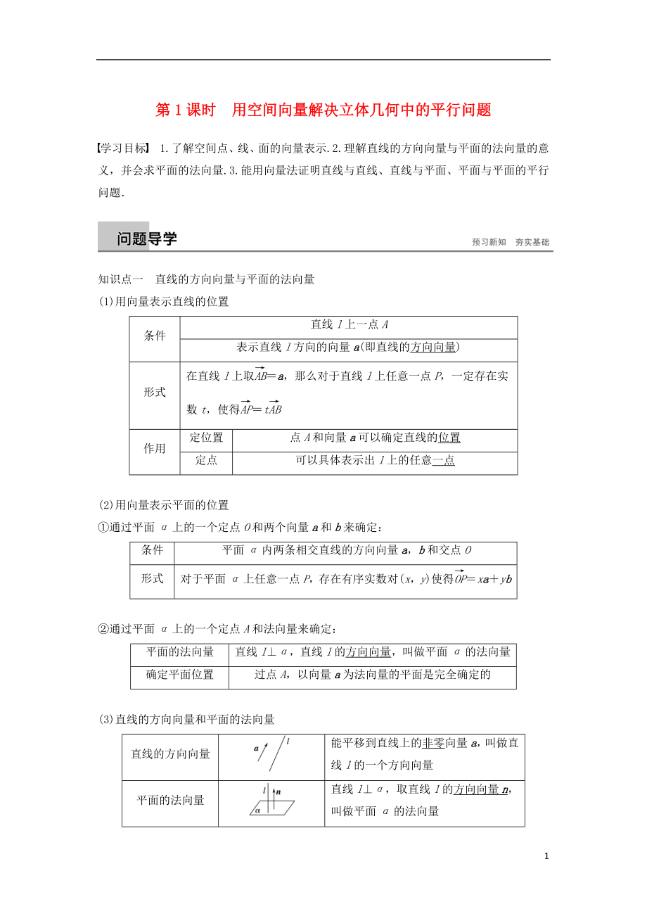 （浙江專版）2018-2019高中數(shù)學 第三章 空間向量與立體幾何 3.2 第1課時 用空間向量解決立體幾何中的平行問題學案 新人教A版選修2-1_第1頁