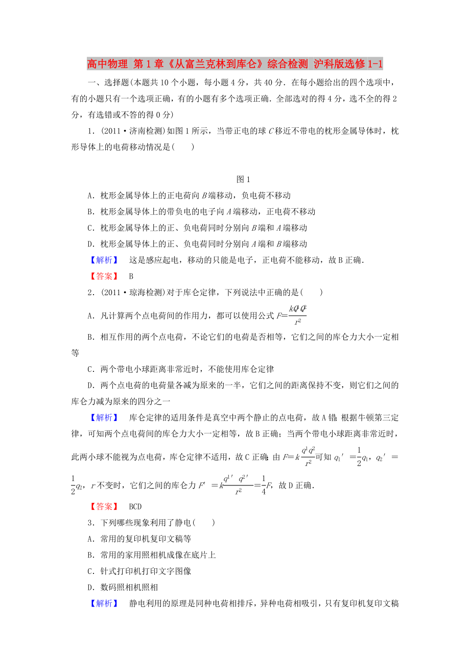 高中物理 第1章《從富蘭克林到庫侖》綜合檢測 滬科版選修1-1_第1頁