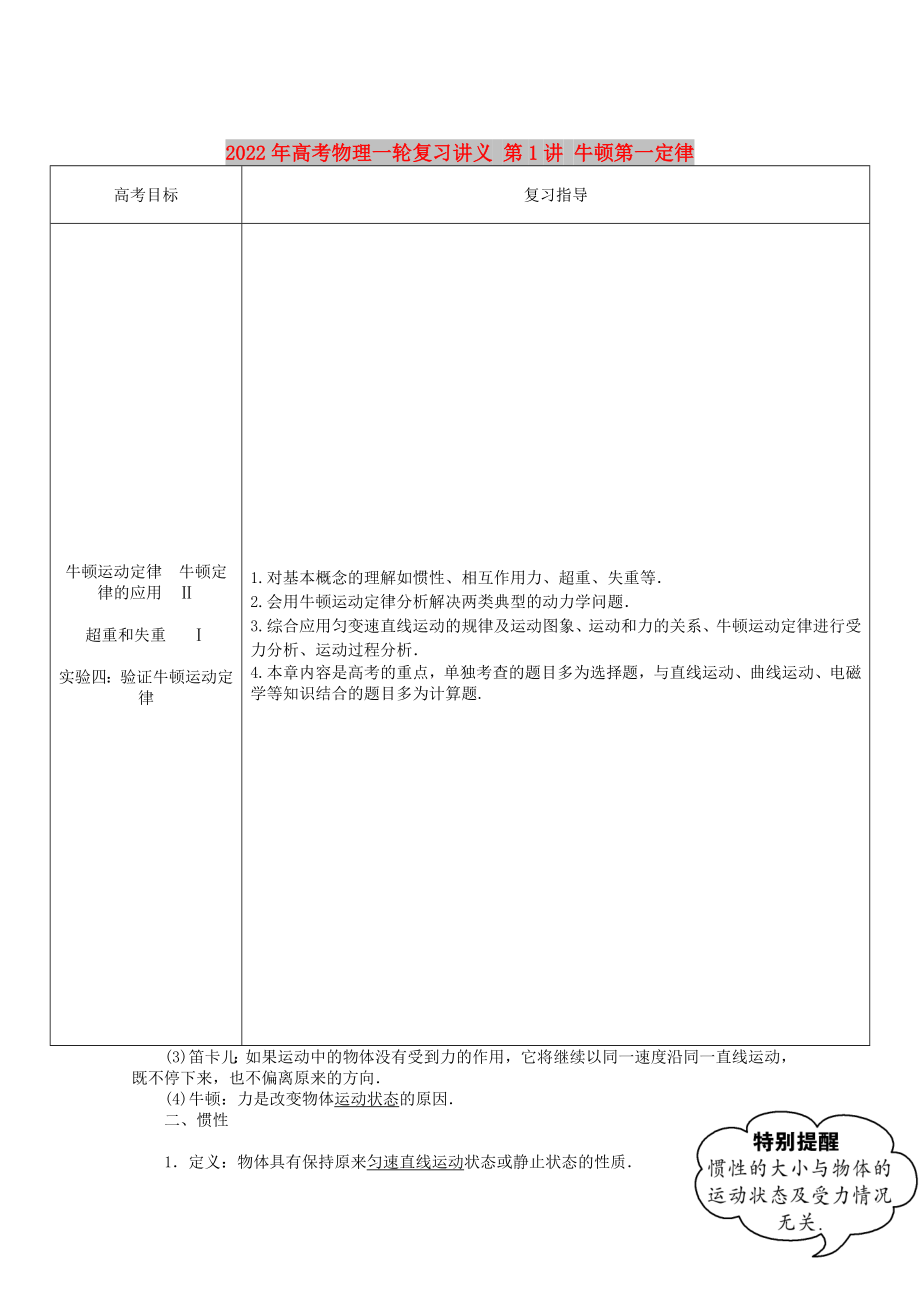 2022年高考物理一輪復(fù)習(xí)講義 第1講 牛頓第一定律_第1頁