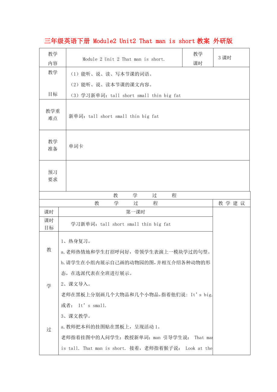 三年級英語下冊 Module2 Unit2 That man is short教案 外研版_第1頁