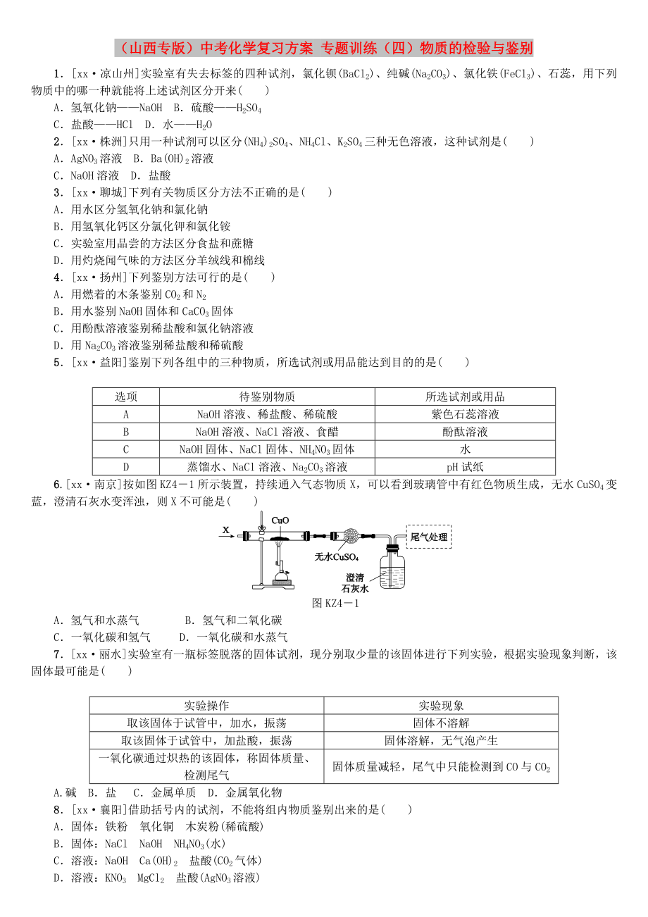 （山西專版）中考化學(xué)復(fù)習(xí)方案 專題訓(xùn)練（四）物質(zhì)的檢驗(yàn)與鑒別_第1頁(yè)