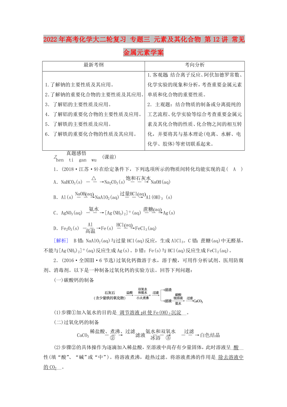 2022年高考化學(xué)大二輪復(fù)習(xí) 專題三 元素及其化合物 第12講 常見(jiàn)金屬元素學(xué)案_第1頁(yè)