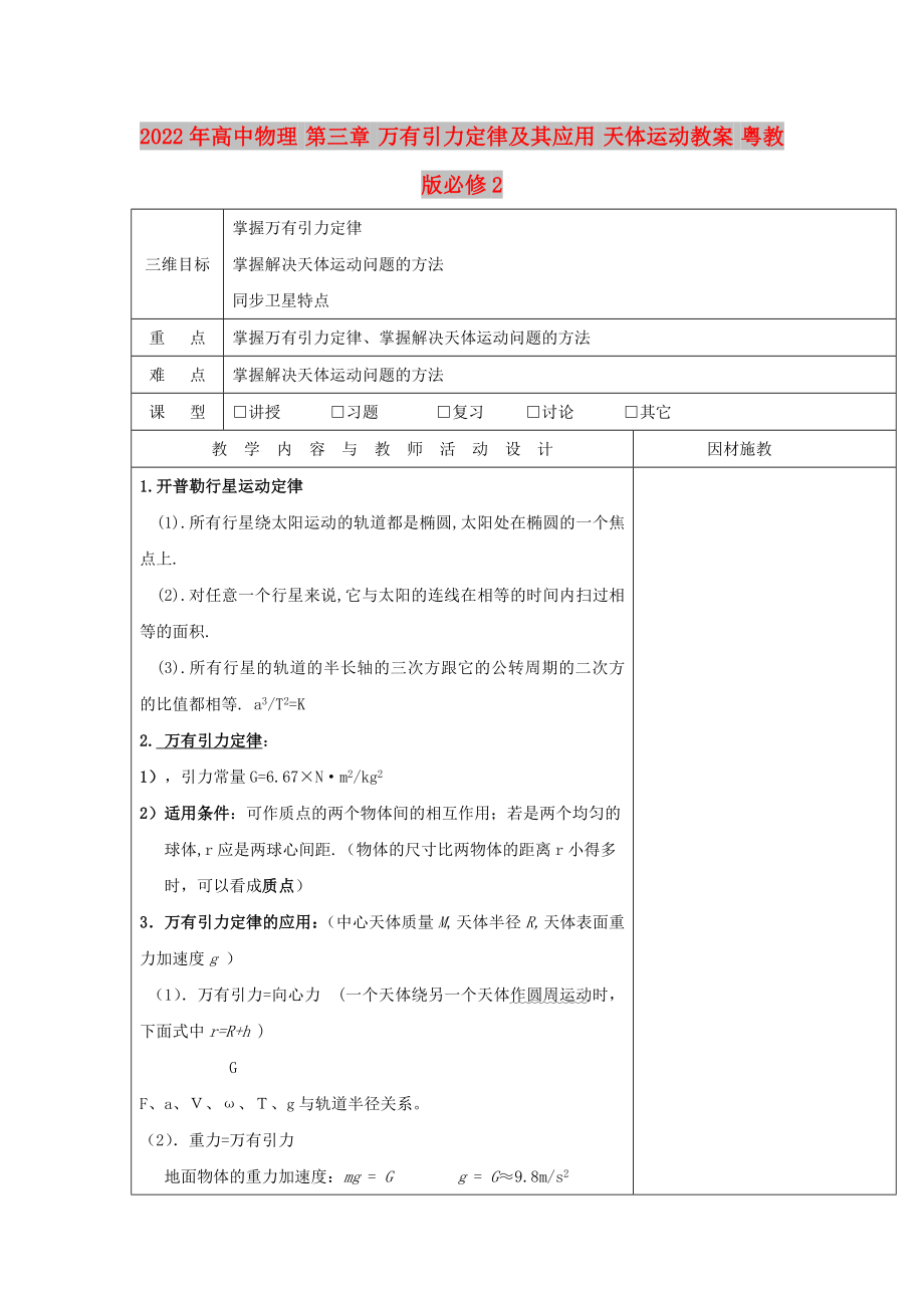 2022年高中物理 第三章 万有引力定律及其应用 天体运动教案 粤教版必修2_第1页