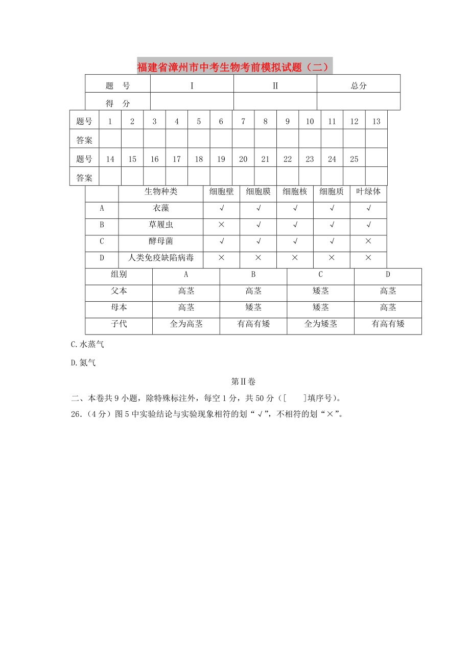 福建省漳州市中考生物考前模拟试题（二）_第1页