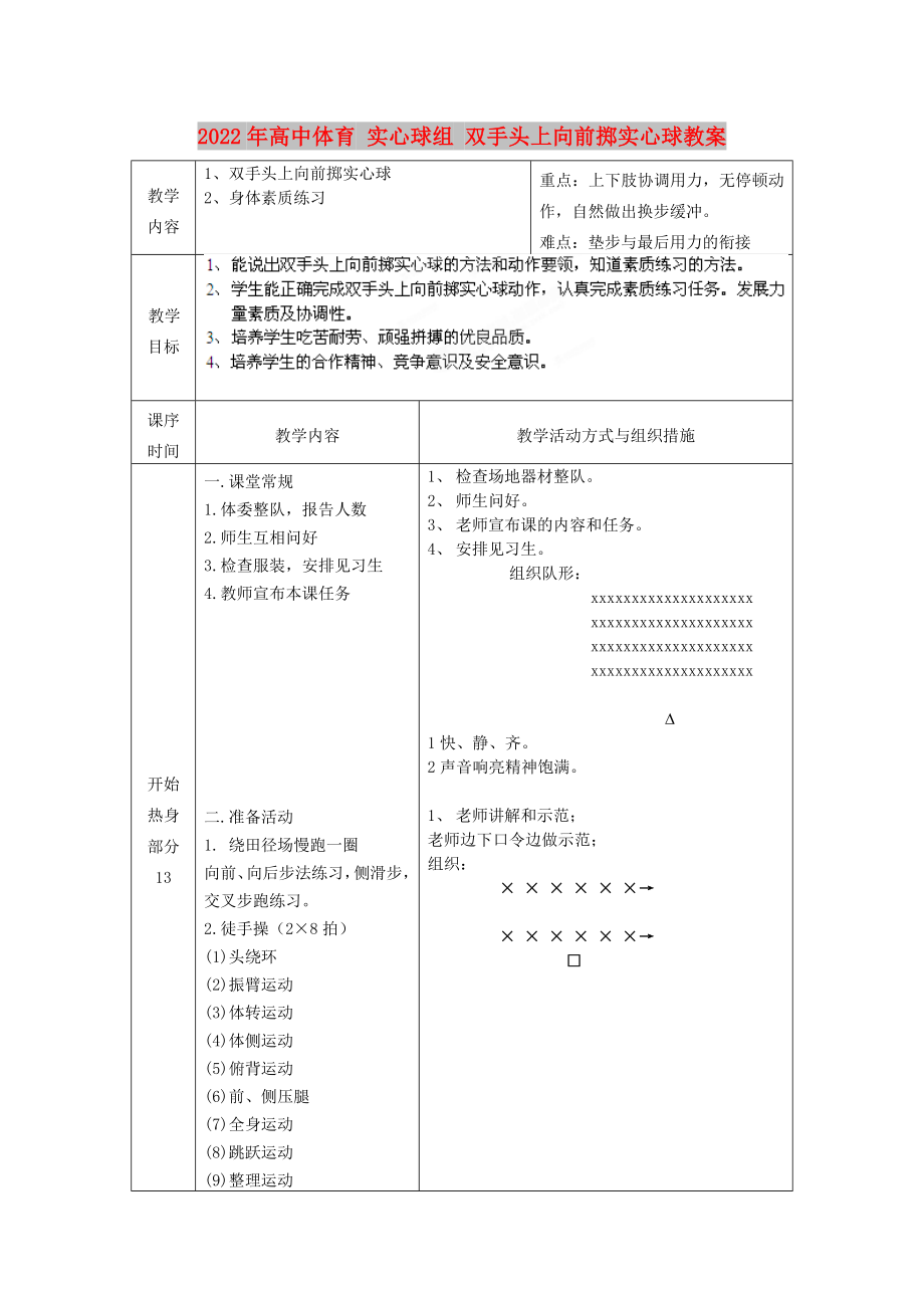 2022年高中体育 实心球组 双手头上向前掷实心球教案_第1页