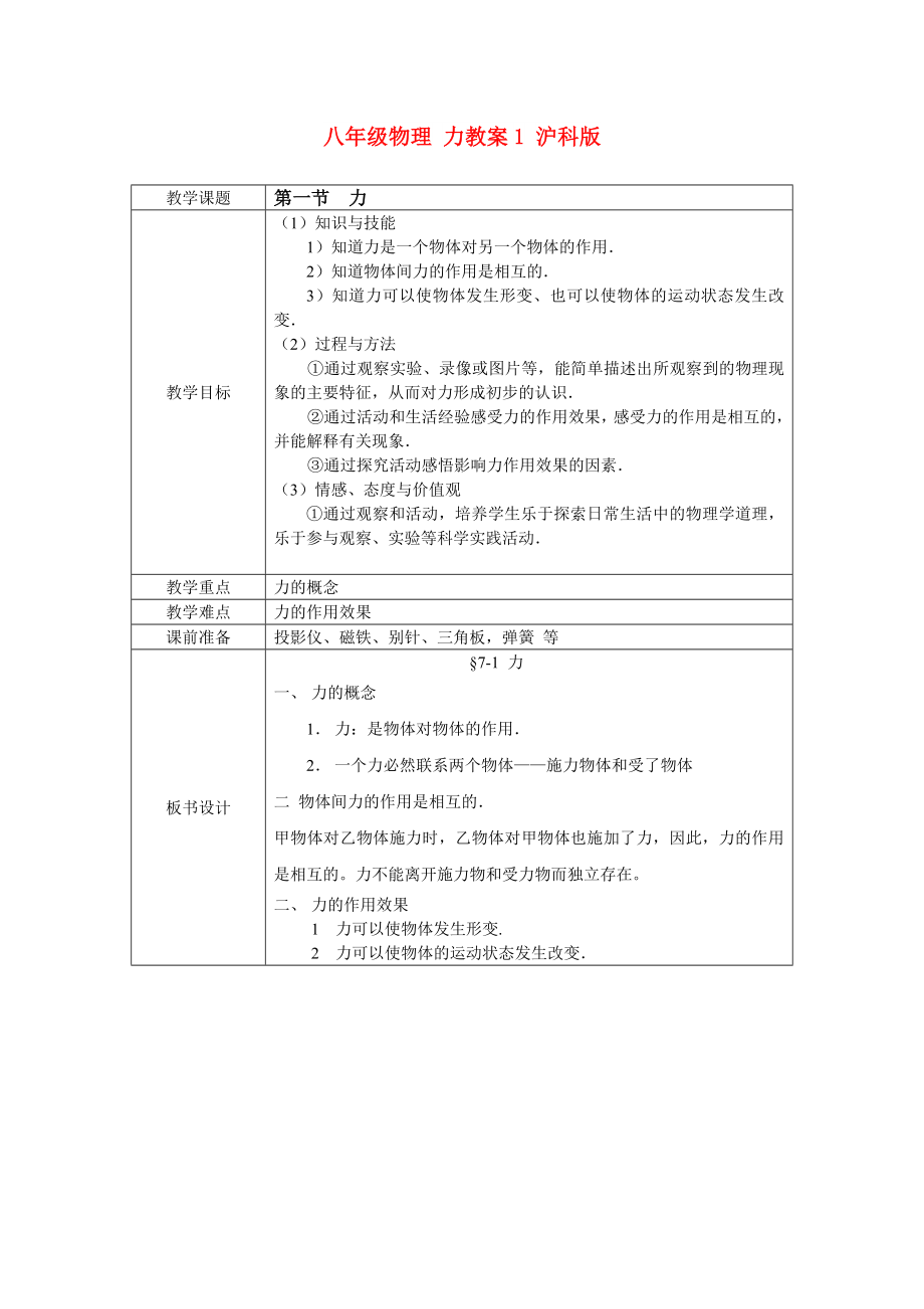 八年级物理 力教案1 沪科版_第1页