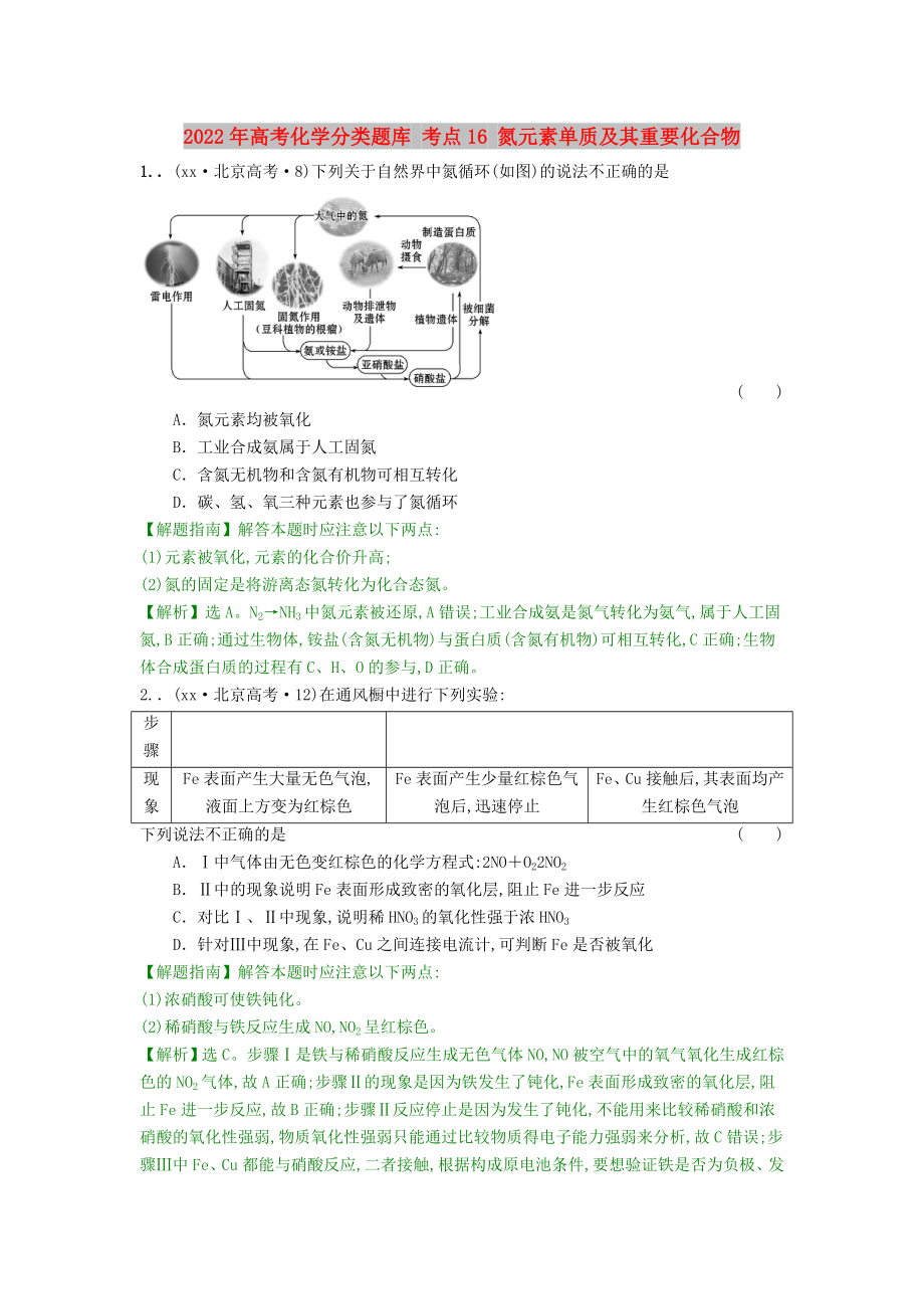 2022年高考化學(xué)分類題庫(kù) 考點(diǎn)16 氮元素單質(zhì)及其重要化合物_第1頁(yè)