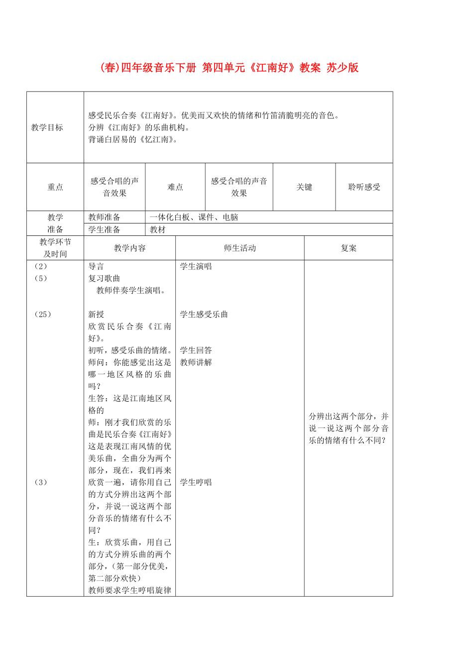 (春)四年级音乐下册 第四单元《江南好》教案 苏少版_第1页