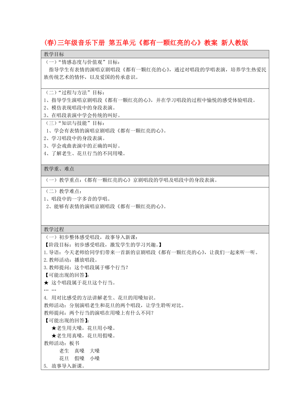 (春)三年级音乐下册 第五单元《都有一颗红亮的心》教案 新人教版_第1页