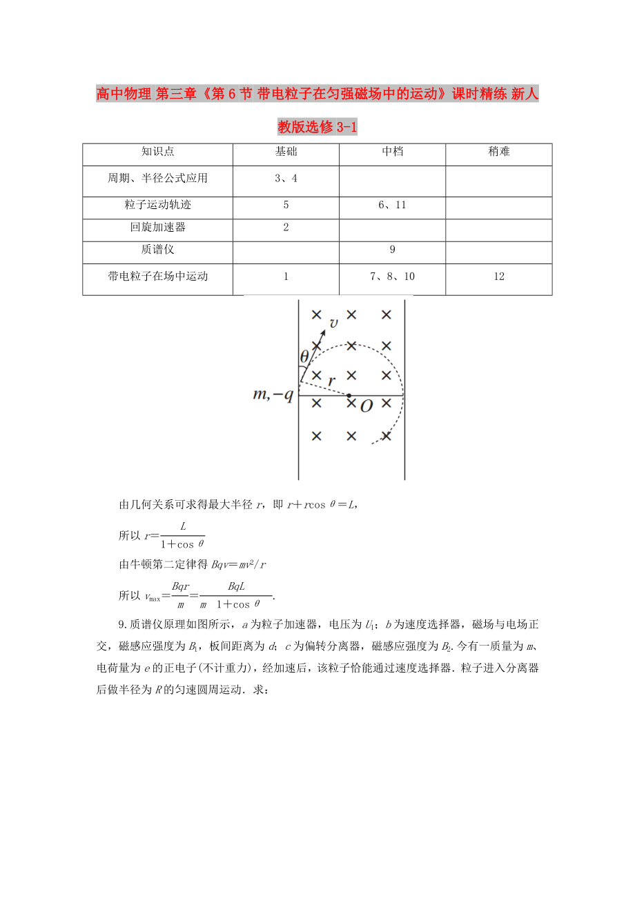 高中物理 第三章《第6節(jié) 帶電粒子在勻強(qiáng)磁場中的運(yùn)動》課時精練 新人教版選修3-1_第1頁