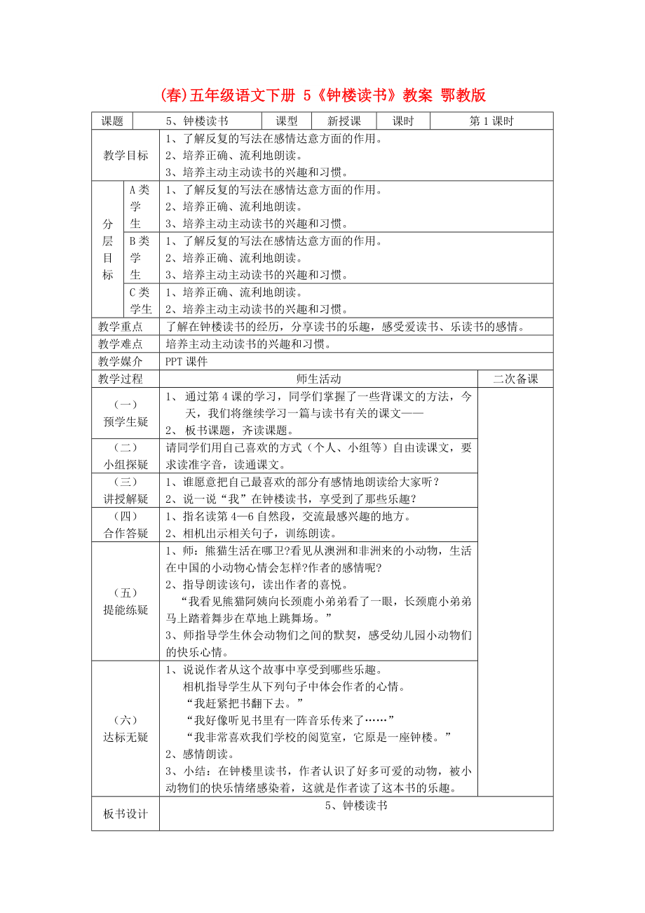 (春)五年級語文下冊 5《鐘樓讀書》教案 鄂教版_第1頁