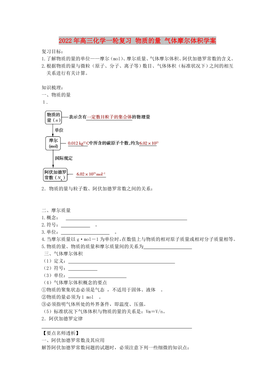 2022年高三化學(xué)一輪復(fù)習(xí) 物質(zhì)的量 氣體摩爾體積學(xué)案_第1頁