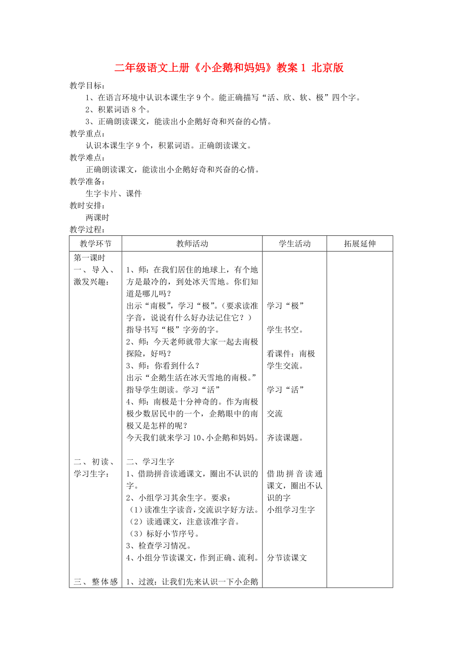 二年級語文上冊《小企鵝和媽媽》教案1 北京版_第1頁