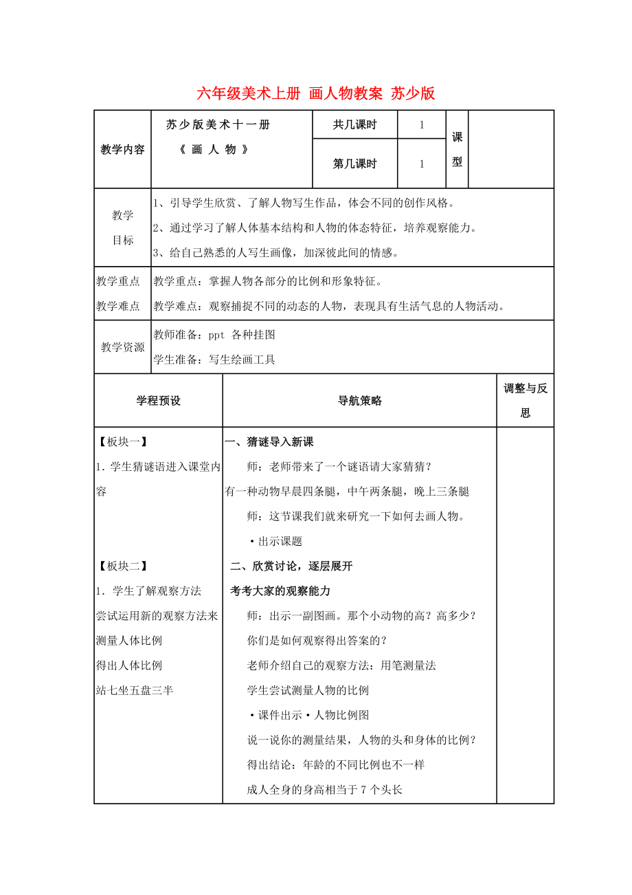 六年級(jí)美術(shù)上冊(cè) 畫(huà)人物教案 蘇少版_第1頁(yè)