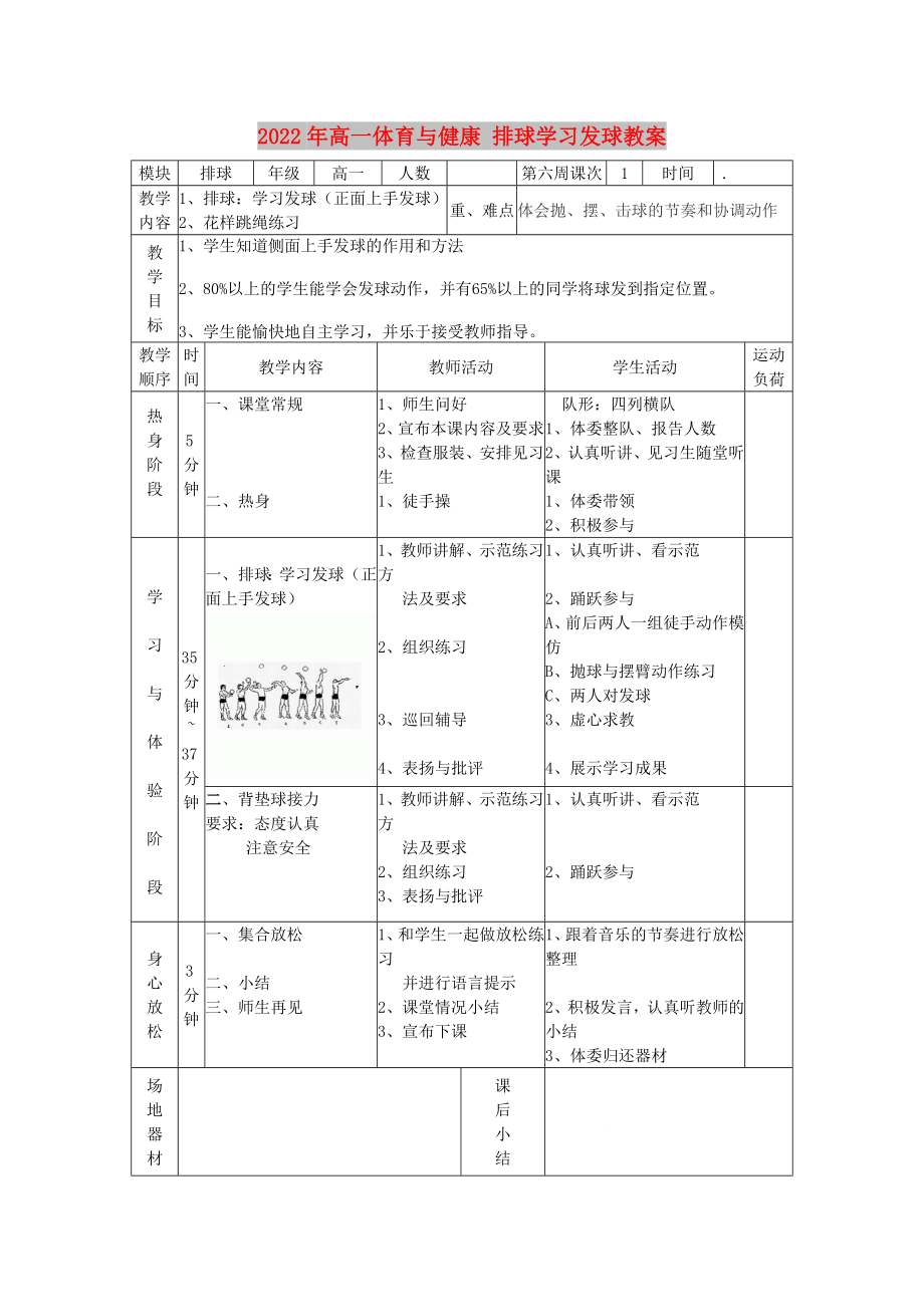 2022年高一體育與健康 排球?qū)W習(xí)發(fā)球教案_第1頁