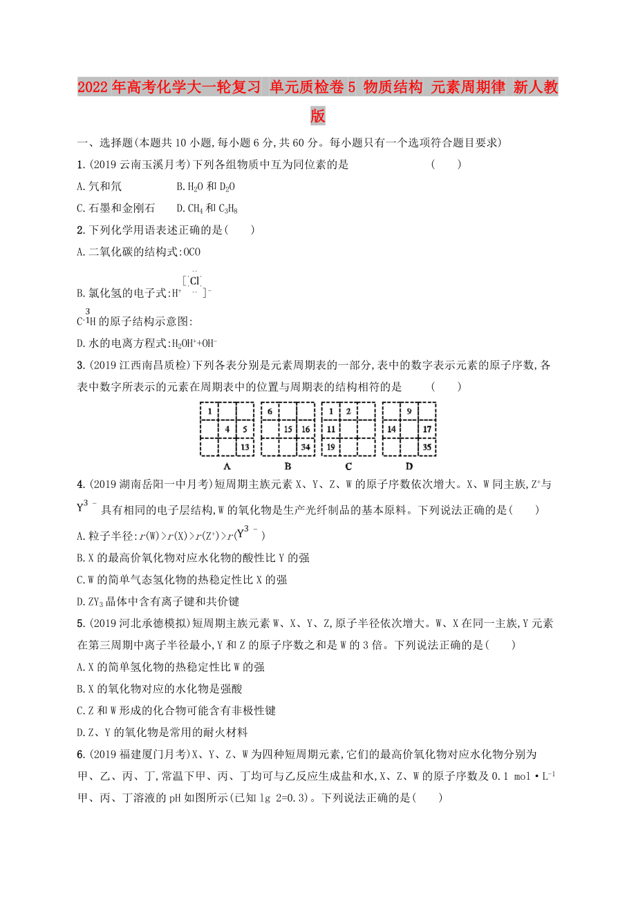 2022年高考化學大一輪復習 單元質(zhì)檢卷5 物質(zhì)結(jié)構(gòu) 元素周期律 新人教版_第1頁