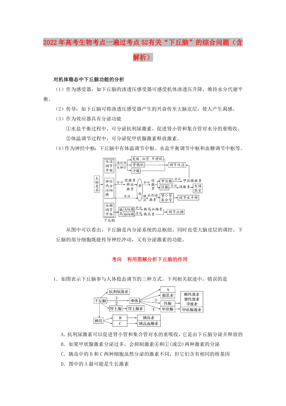 2022年高考生物 考點一遍過 考點52 有關(guān)“下丘腦”的綜合問題（含解析）_第1頁