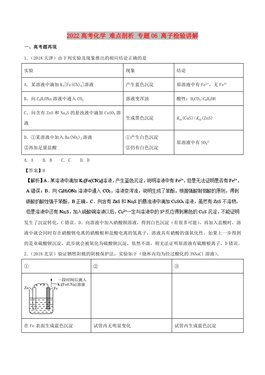 2022高考化學(xué) 難點(diǎn)剖析 專題06 離子檢驗(yàn)講解_第1頁(yè)