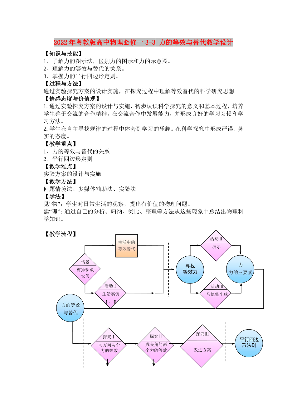 2022年粵教版高中物理必修一3-3 力的等效與替代教學(xué)設(shè)計(jì)_第1頁(yè)