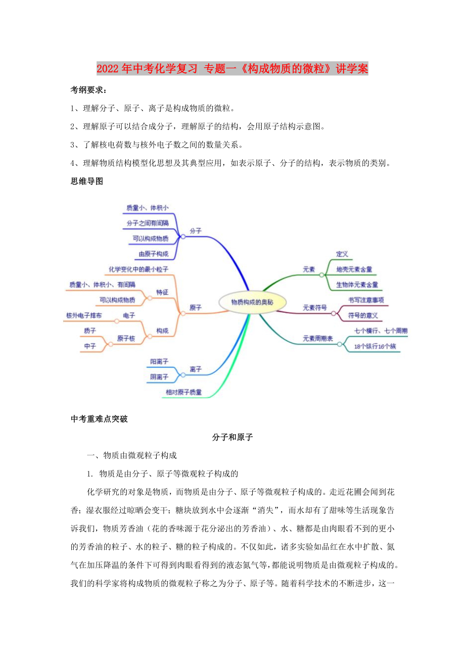 2022年中考化學(xué)復(fù)習(xí) 專題一《構(gòu)成物質(zhì)的微?！分v學(xué)案_第1頁